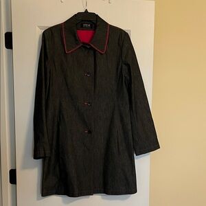Women's Elegant Denim 3/4 Length Coat with Red Accents
